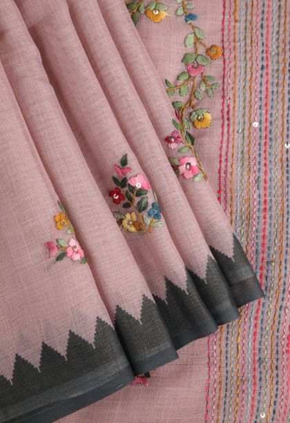Lemonade Pink Linen Saree with Without Zari Zari Floral Patterns