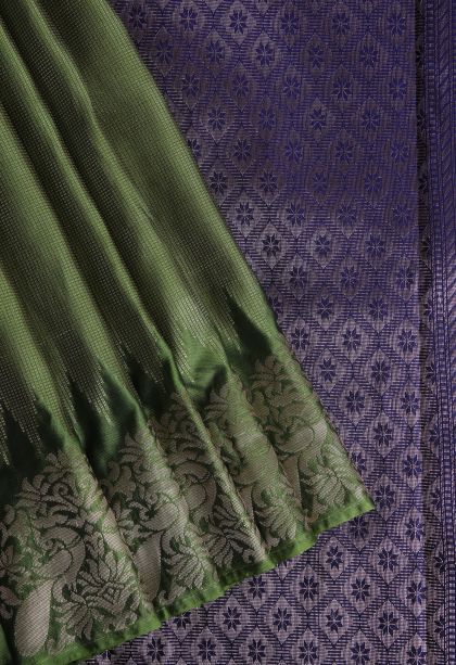 Moccon Green Soft Silk Sarees with Gold Zari Checks