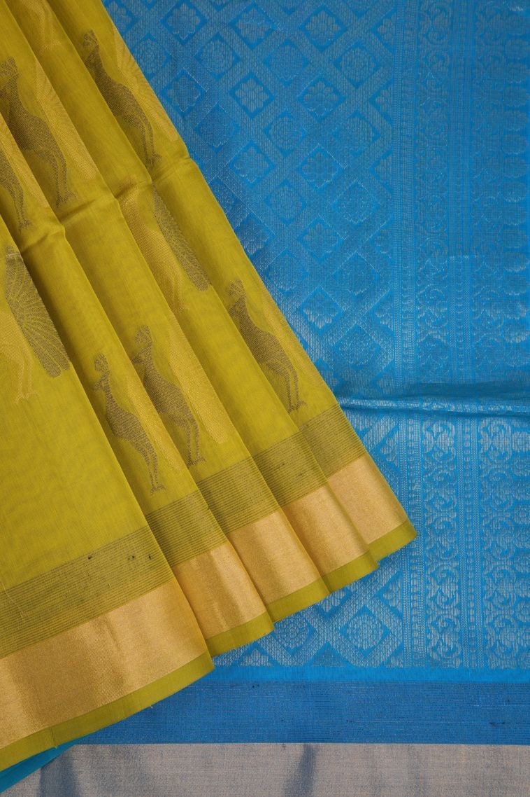 Pear Green Silk Cotton Sarees with Gold Zari Peacock Motifs view 1