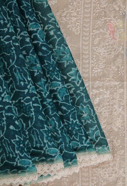 Ocean Blue Fancy Saree with Without Zari Zari Floral Patterns