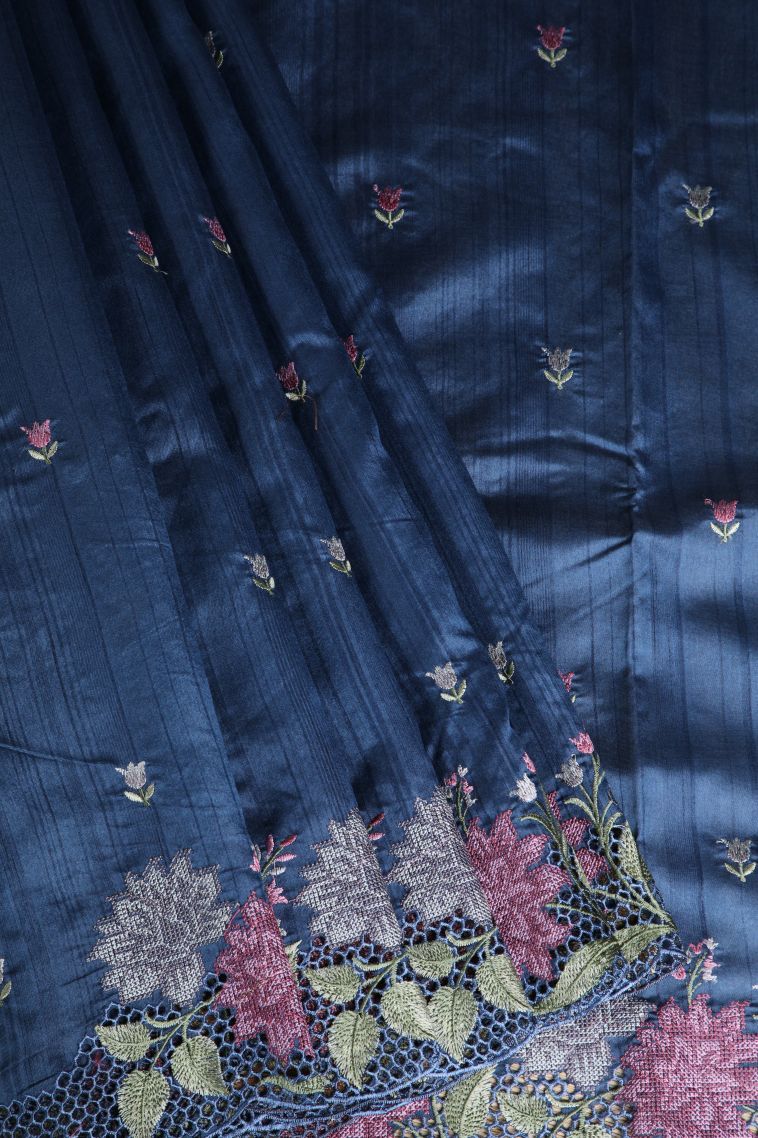 Aegean Blue Semi Tussar Silk with Without Zari Zari Floral Patterns view 1