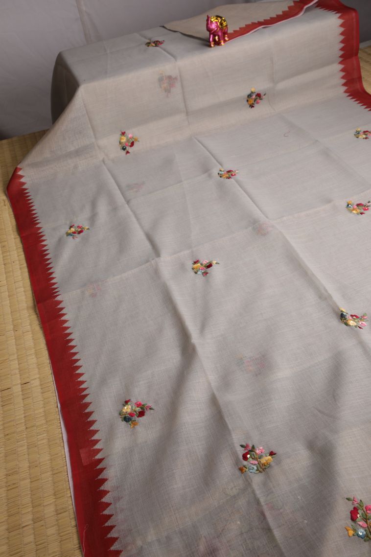 Smoke White Linen Saree with Without Zari Zari Floral Patterns view 2