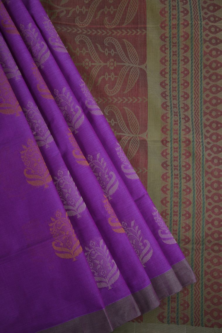 Bubble Purple Pure Handloom Kovai Cotton with Gold Zari Floral Patterns view 1