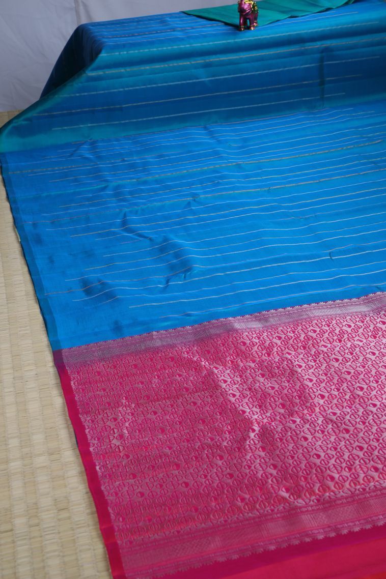 Cerulean Blue Soft Silk Saree with Gold Zari Stripes view 2