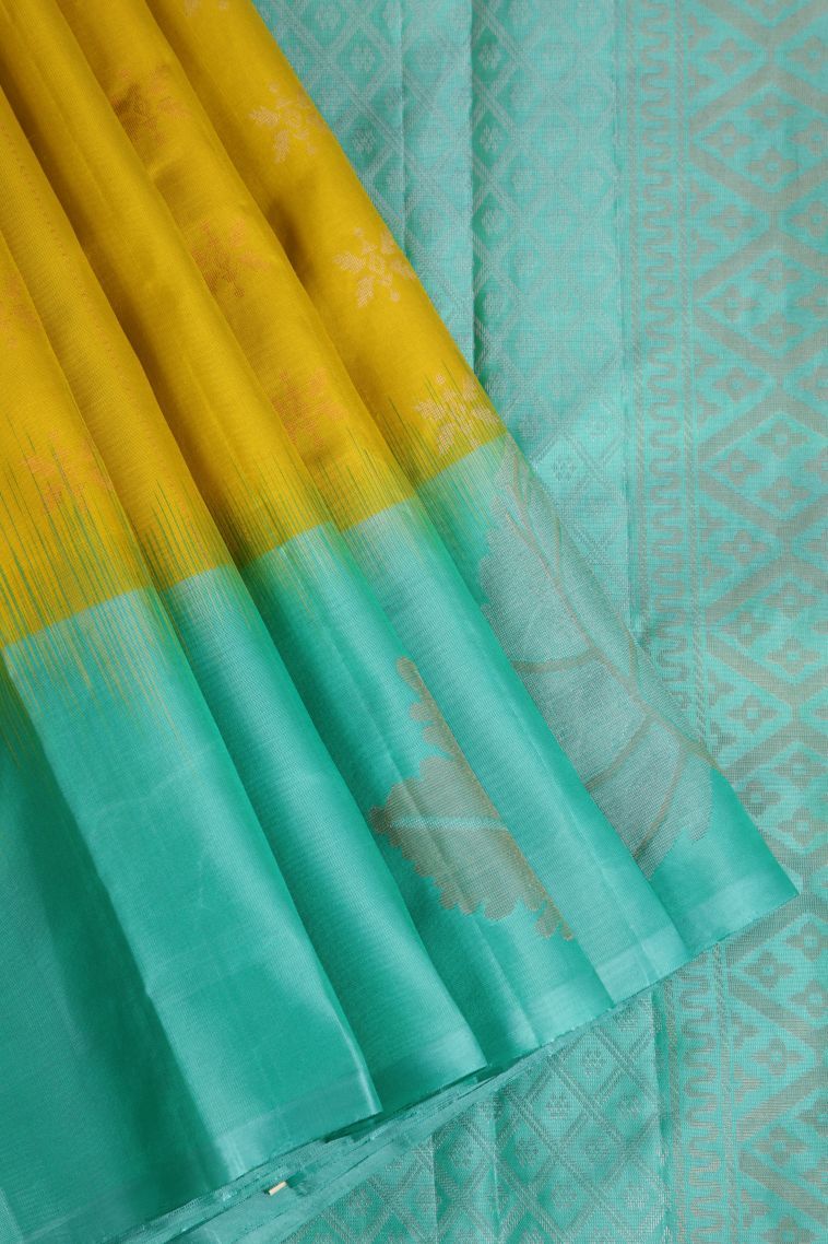 Gold Soft Silk Saree with Gold And Silver Zari Floral Patterns view 1