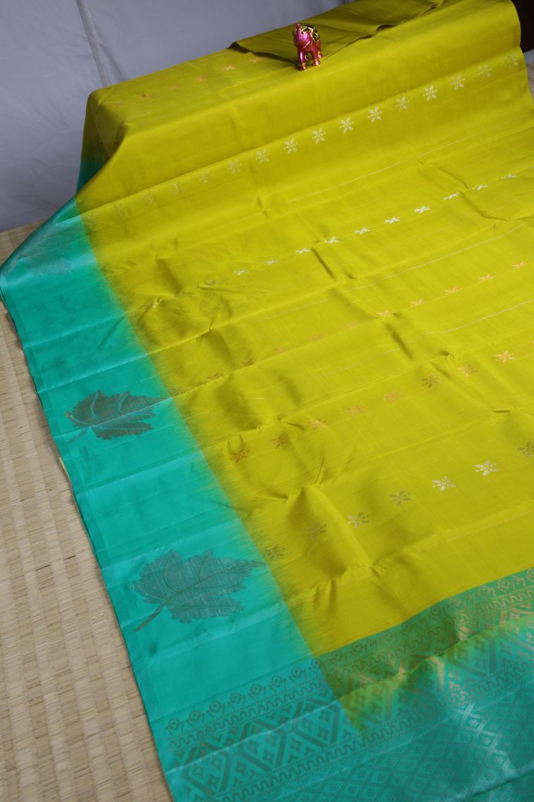 Gold Soft Silk Saree with Gold And Silver Zari Floral Patterns view 2