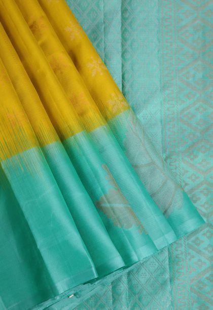 Gold Soft Silk Saree with Gold And Silver Zari Floral Patterns