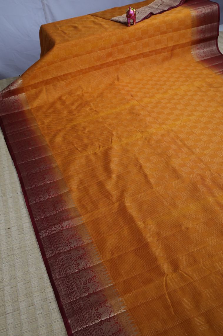 Apricot Orange Raw Silk Sarees with Gold Zari Geometric Shapes view 2