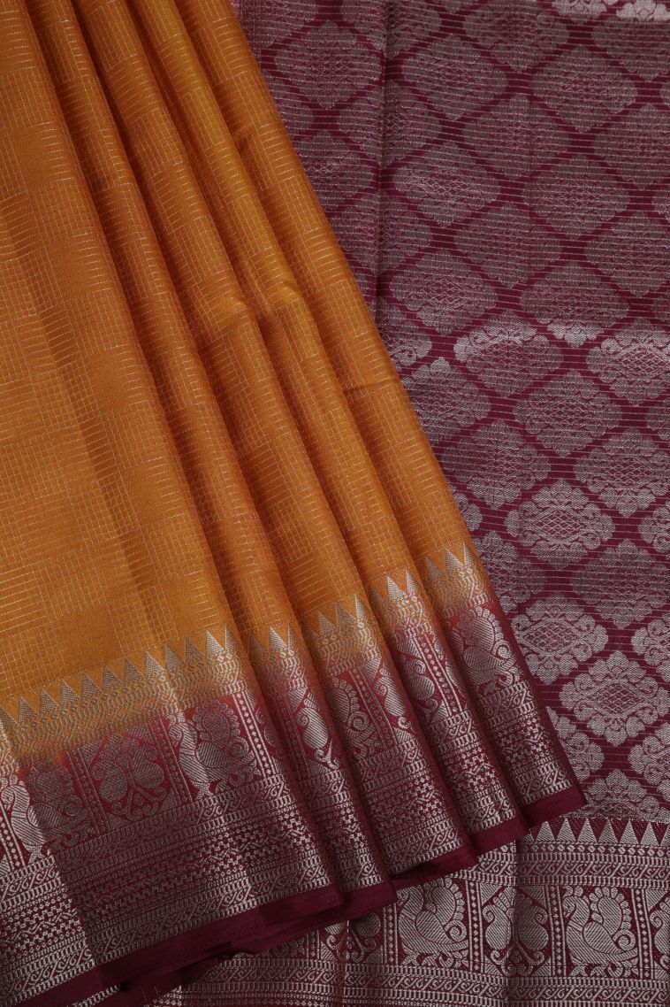 Apricot Orange Raw Silk Sarees with Gold Zari Geometric Shapes view 1