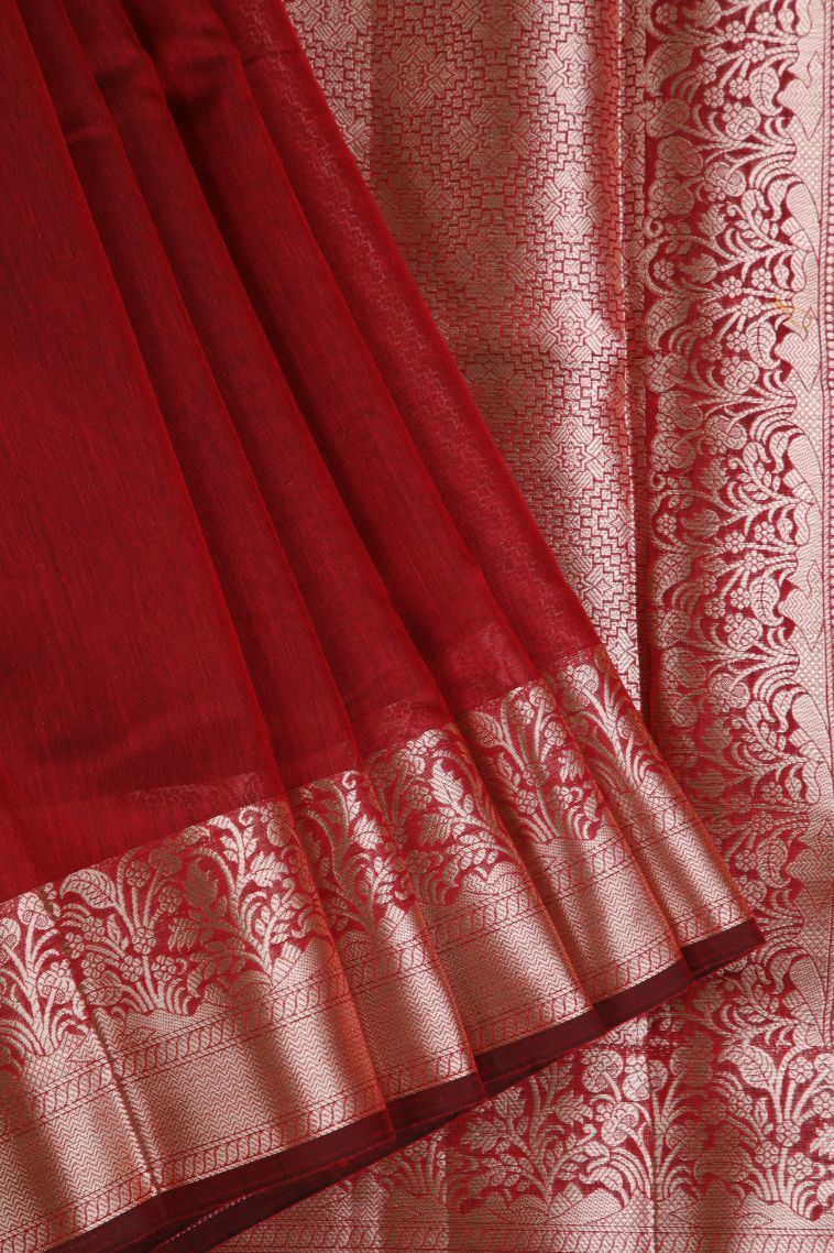 Apple Red Chanderi Cotton Sarees with Gold Zari Plain view 1