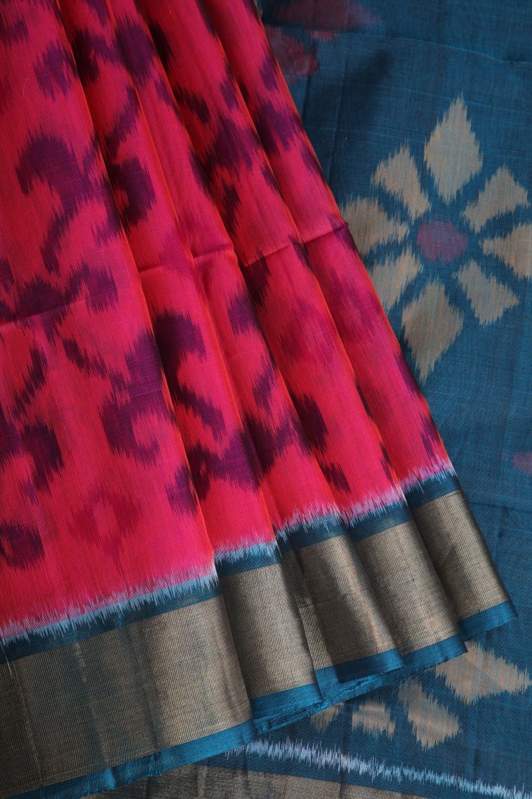 Rosewood Pink Pochampalli Saree with Gold Zari Ikkat view 1