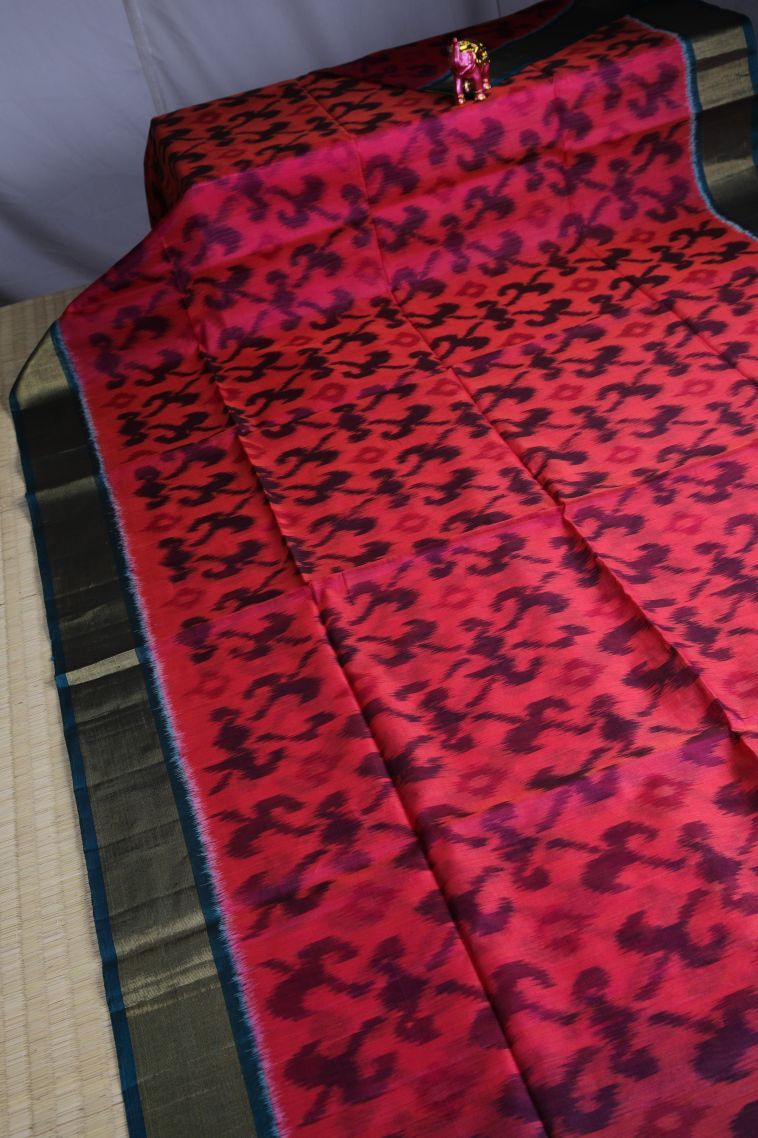 Rosewood Pink Pochampalli Saree with Gold Zari Ikkat view 2