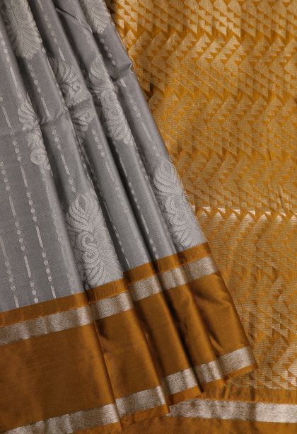 Davy Black Soft Silk Saree with Silver Zari Floral Puttas