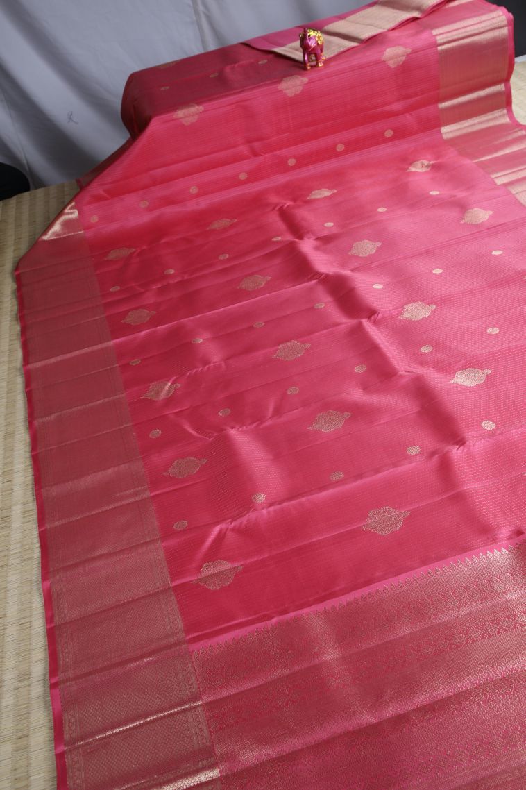 Rouge Pink Kanchipuram Silk Sarees with Gold Zari Vaira Oosi view 2