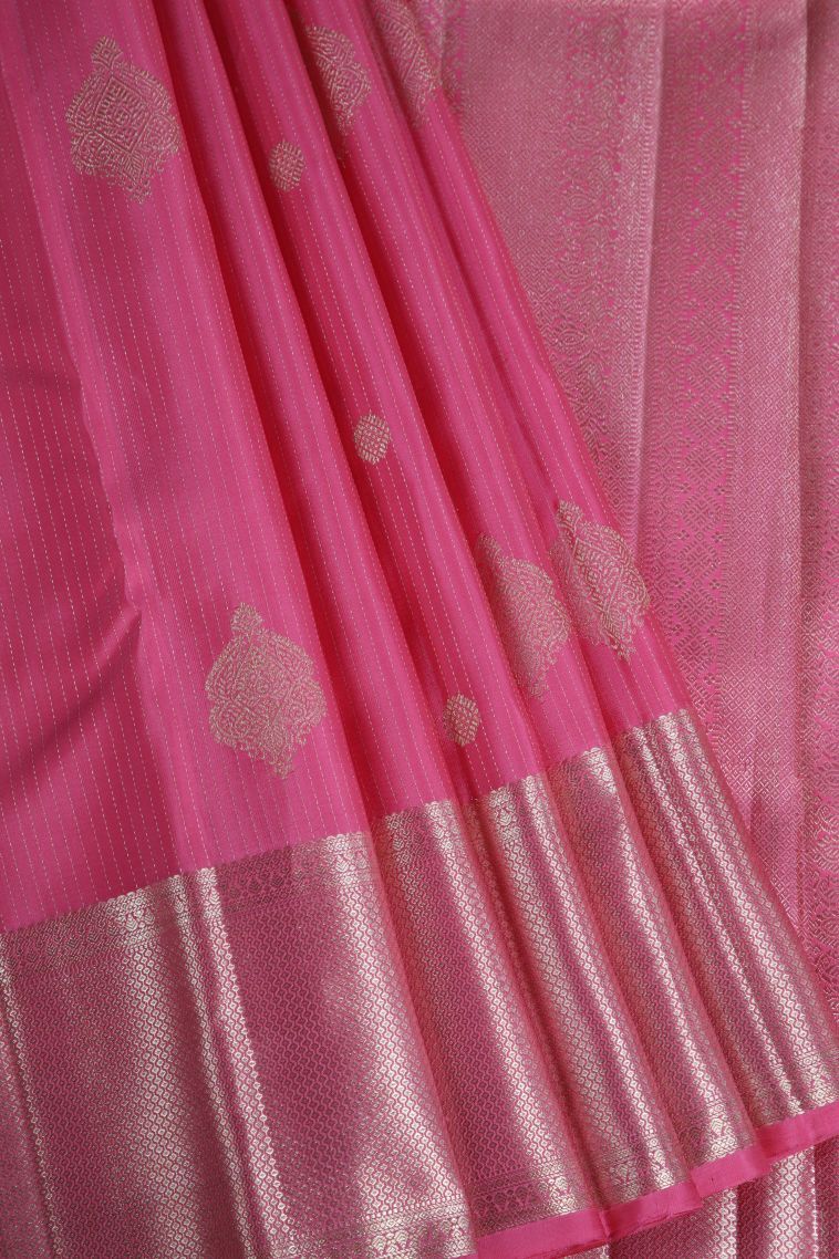 Rouge Pink Kanchipuram Silk Sarees with Gold Zari Vaira Oosi view 1