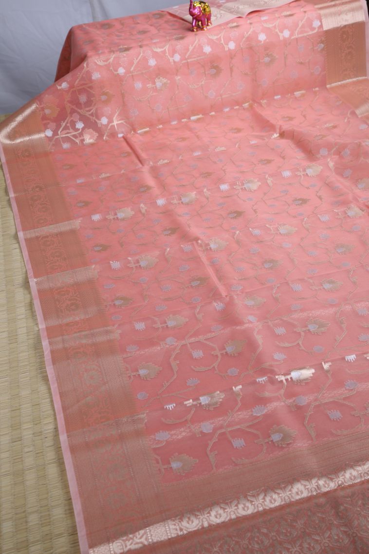 Peach Pink Organza Saree with Copper Zari Floral Patterns view 2