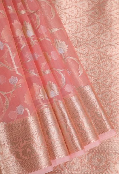 Peach Pink Organza Saree with Copper Zari Floral Patterns