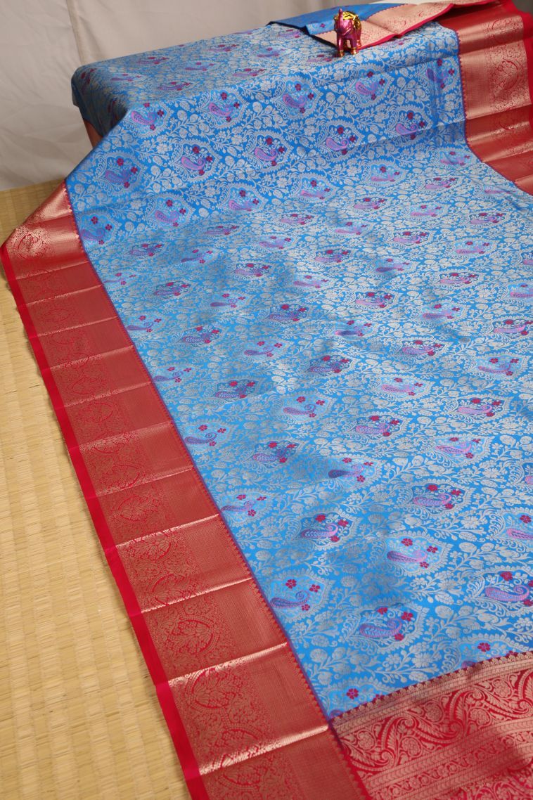 Cobalt Blue Visiri Madippu Silk Sarees with Silver Zari Manga view 2