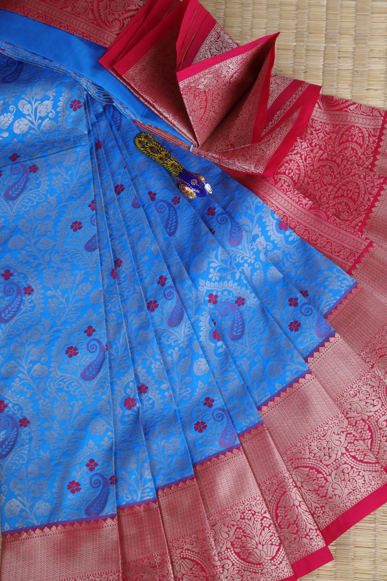 Cobalt Blue Visiri Madippu Silk Sarees with Silver Zari Manga view 1
