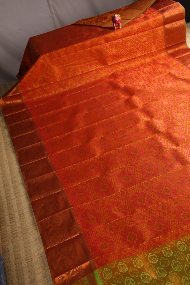 Tiger Orange Visiri Madippu Silk Sarees with Copper Zari Floral Patterns view 2