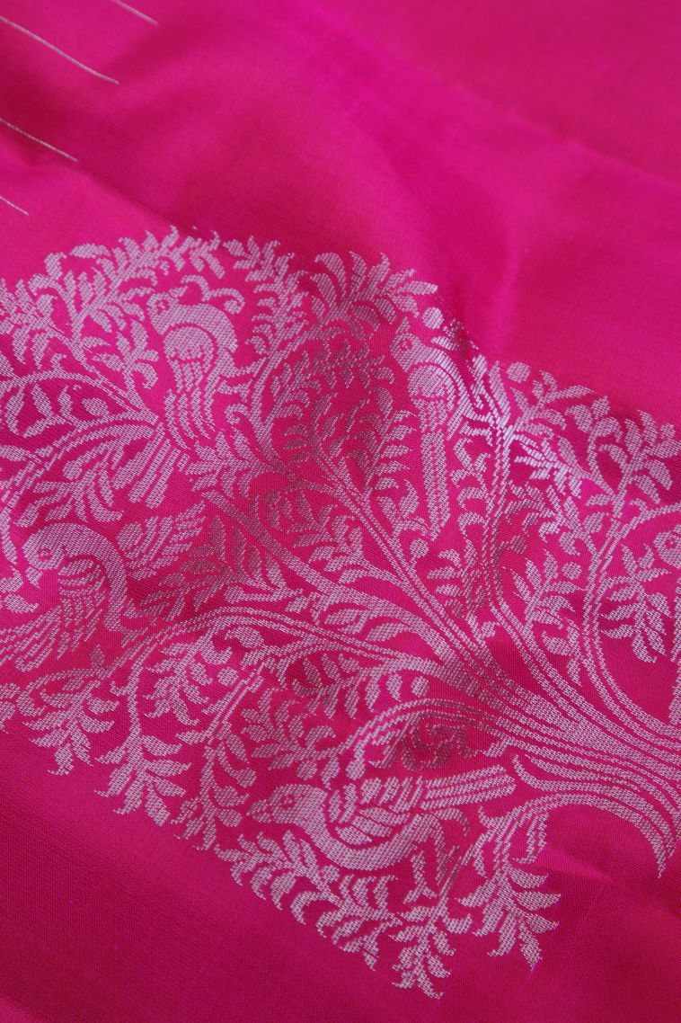 Magenta  Pink Soft Silk Saree with Silver Zari Stripes view 4