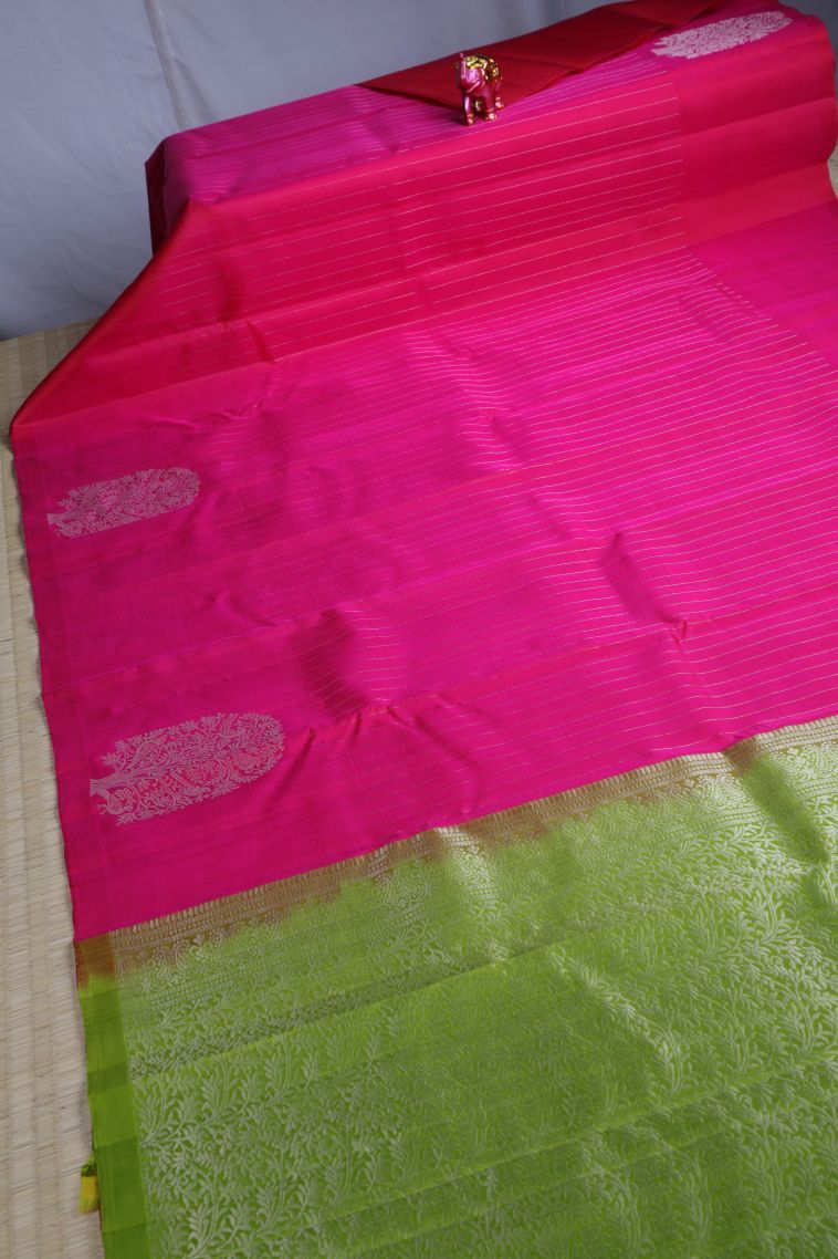 Magenta  Pink Soft Silk Saree with Silver Zari Stripes view 2