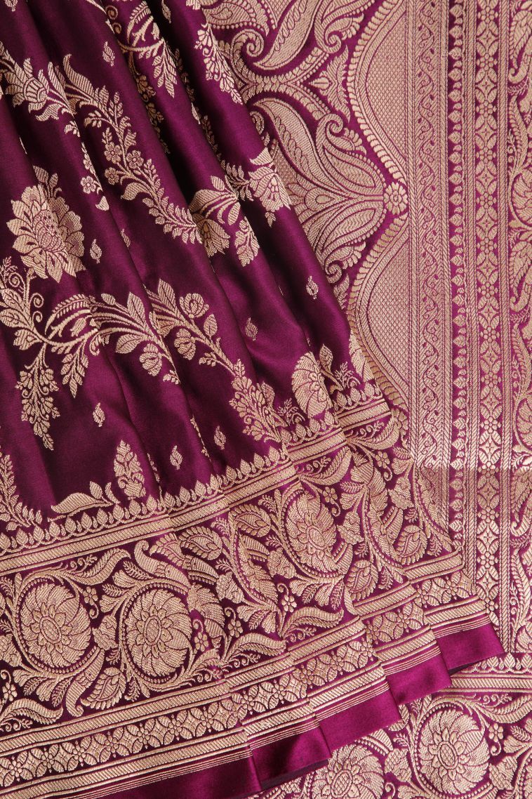 Bosenberry Purple Banaras Sarees with Gold Zari Floral Patterns view 1