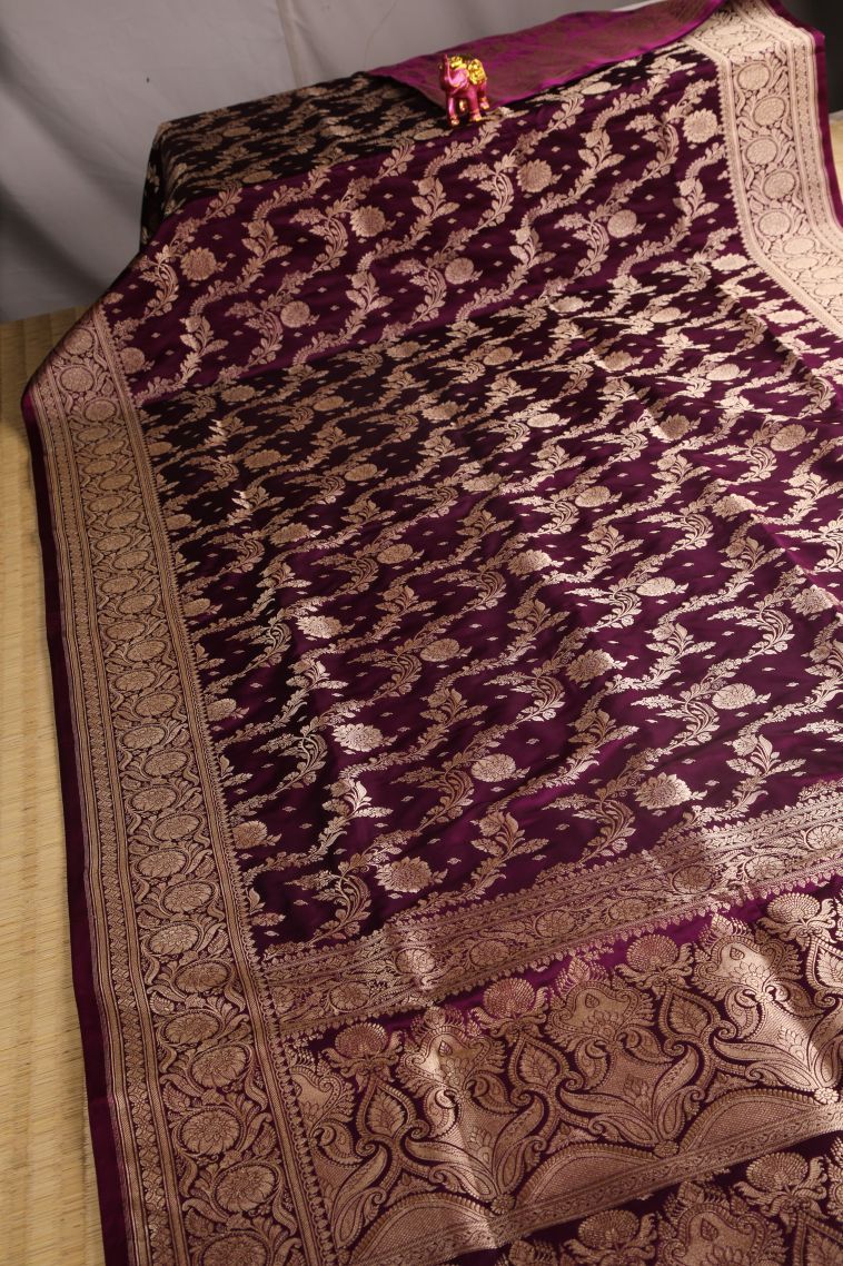 Bosenberry Purple Banaras Sarees with Gold Zari Floral Patterns view 2