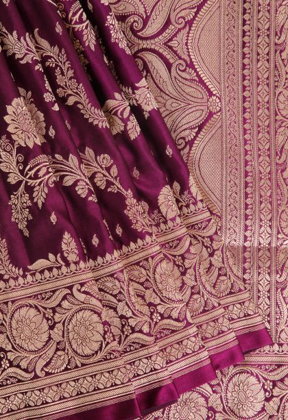 Bosenberry Purple Banaras Sarees with Gold Zari Floral Patterns