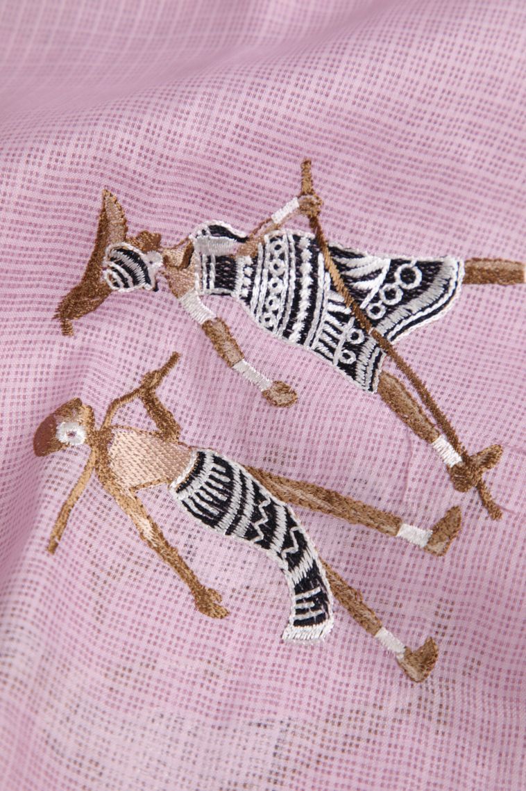 Lean Pink Organza Saree with Without Zari Zari Tribal Or Folk Art view 4