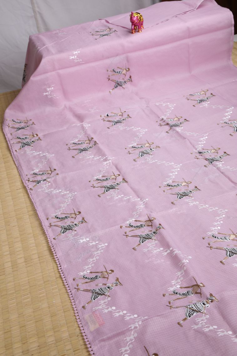 Lean Pink Organza Saree with Without Zari Zari Tribal Or Folk Art view 2