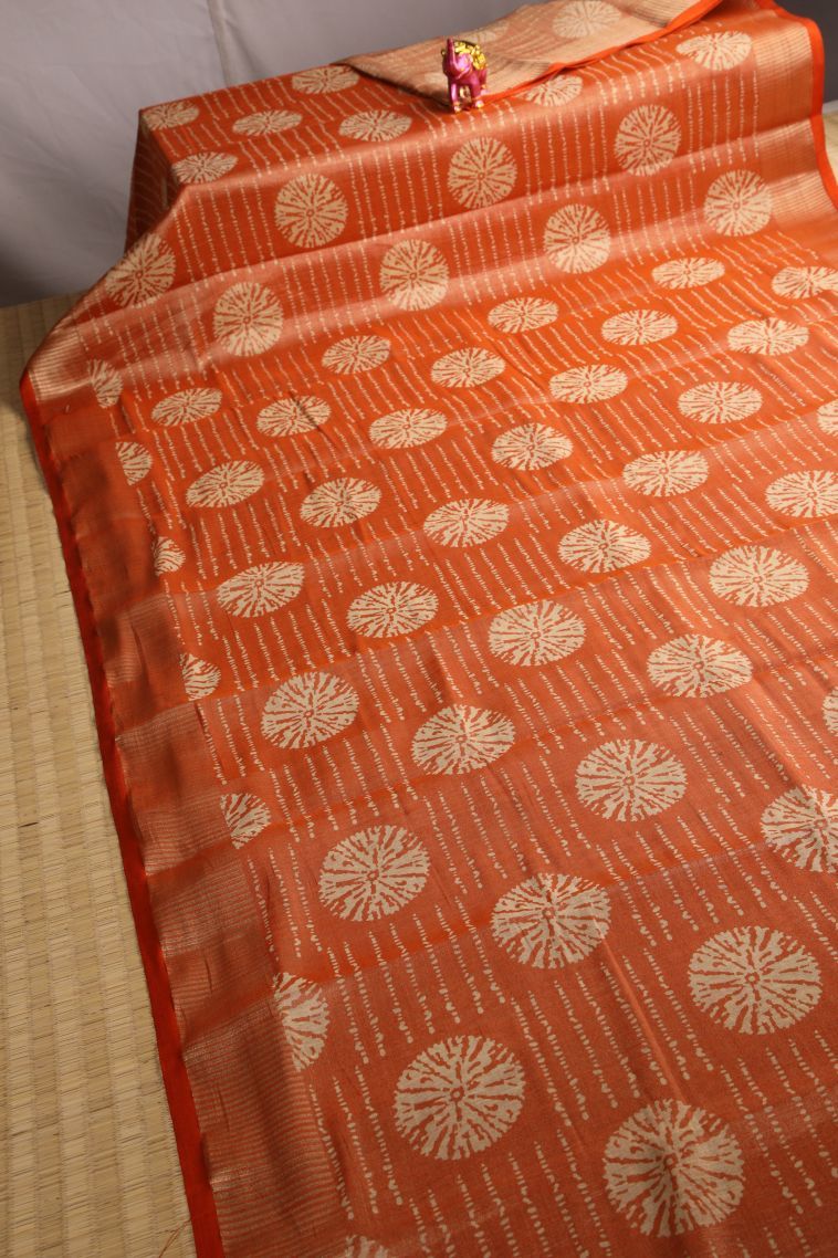 Candy Orange Semi Raw Silk Printed with Gold Zari Bandhani / Tie Dye view 2