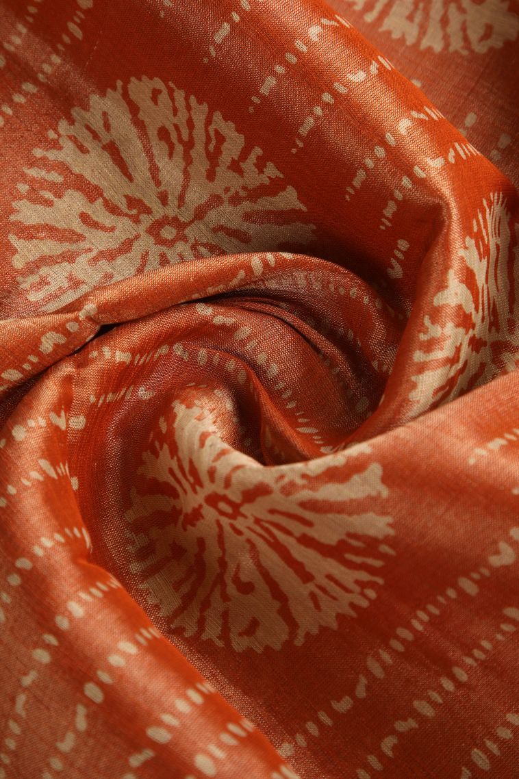Candy Orange Semi Raw Silk Printed with Gold Zari Bandhani / Tie Dye view 4