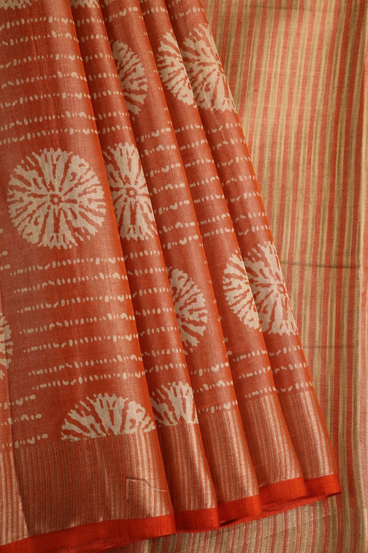 Candy Orange Semi Raw Silk Printed with Gold Zari Bandhani / Tie Dye view 1