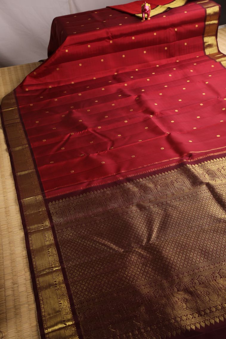 Crimson Red Kanchipuram Silk Sarees with Gold Zari Buttis (small Dots Or Motifs) view 2