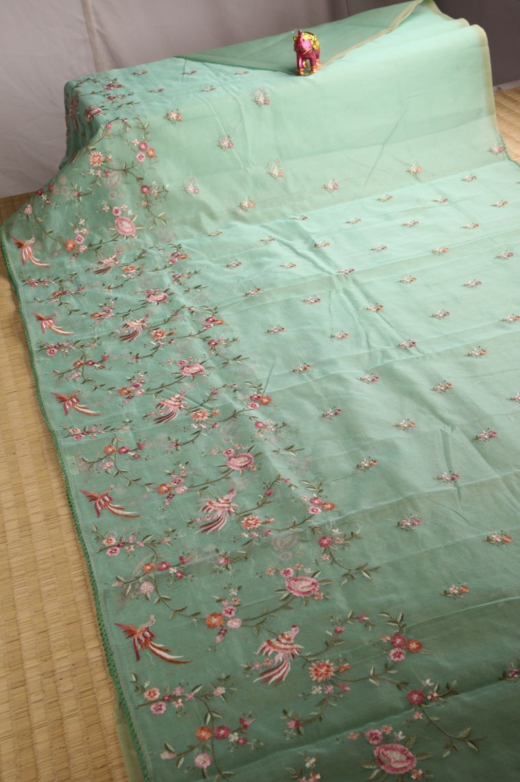 Mint Green Manipuri Cotton Sarees with Multy Coiour Zari Floral Patterns view 2
