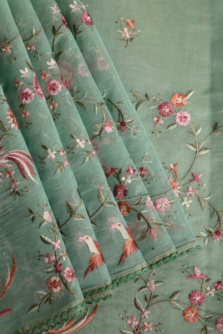 Mint Green Manipuri Cotton Sarees with Multy Coiour Zari Floral Patterns view 1