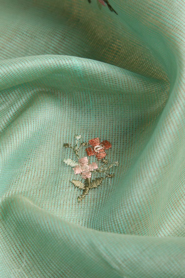Mint Green Manipuri Cotton Sarees with Multy Coiour Zari Floral Patterns view 4