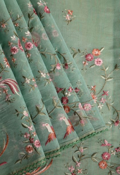 Mint Green Manipuri Cotton Sarees with Multy Coiour Zari Floral Patterns