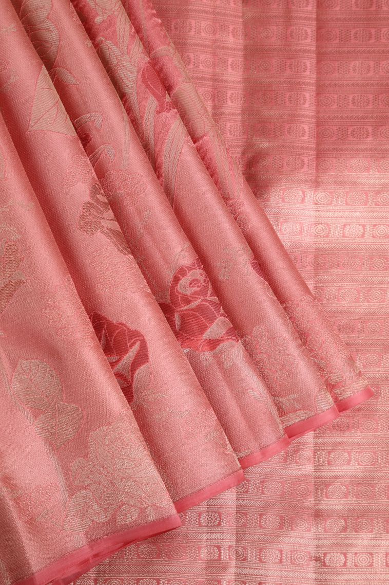 Rouge Pink Silk Sarees with Gold Zari Floral Patterns view 1