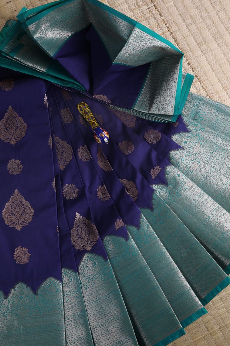 Berry Blue Visiri Madippu Silk Sarees with Copper Zari Thilagam Puttas view 1