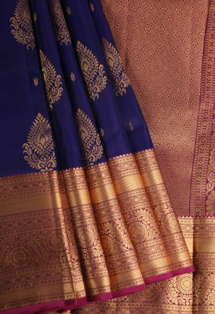 Berry Blue Soft Silk Saree with Gold Zari Thilagam Puttas