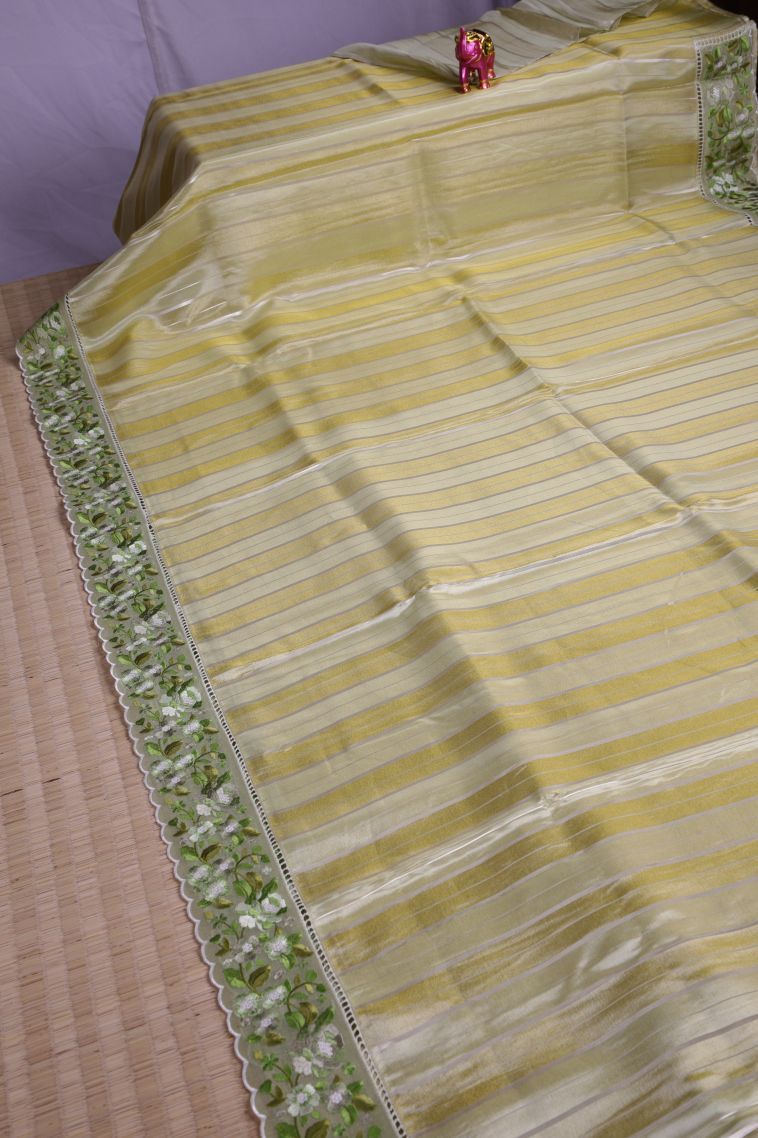 Shortbread Yellow Tussar Saree with Silver Zari Stripes view 2