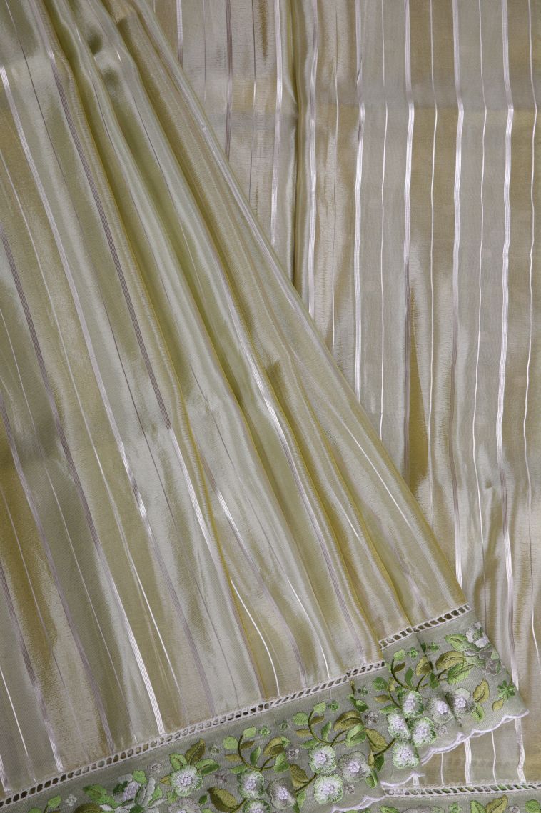 Shortbread Yellow Tussar Saree with Silver Zari Stripes view 1