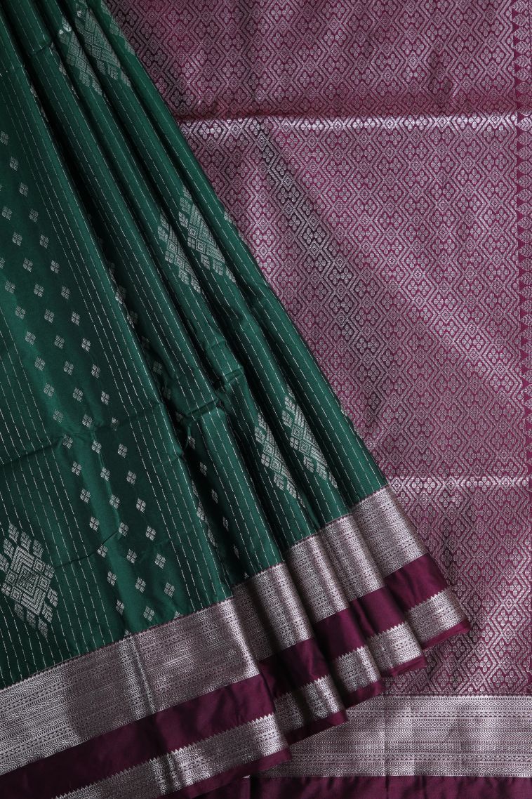 Bottle Green Soft Silk Saree with Silver Zari Floral Patterns view 1