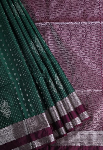 Bottle Green Soft Silk Saree with Silver Zari Floral Patterns