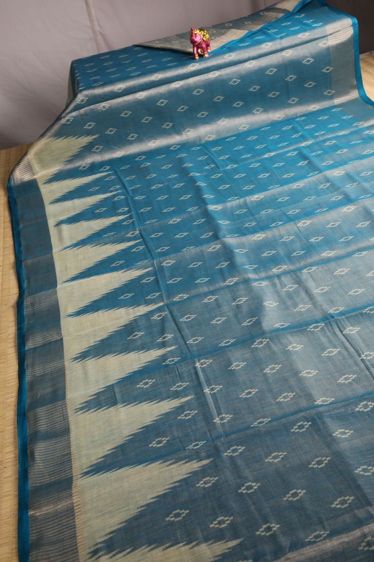 Cerulean Blue Semi Tussar Silk with Gold Zari Floral Puttas view 2