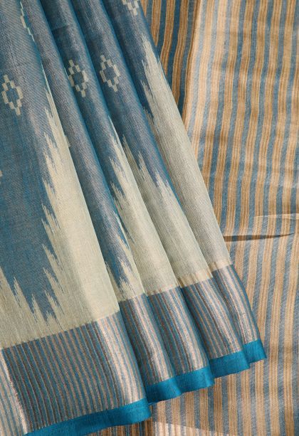 Cerulean Blue Semi Tussar Silk with Gold Zari Floral Puttas