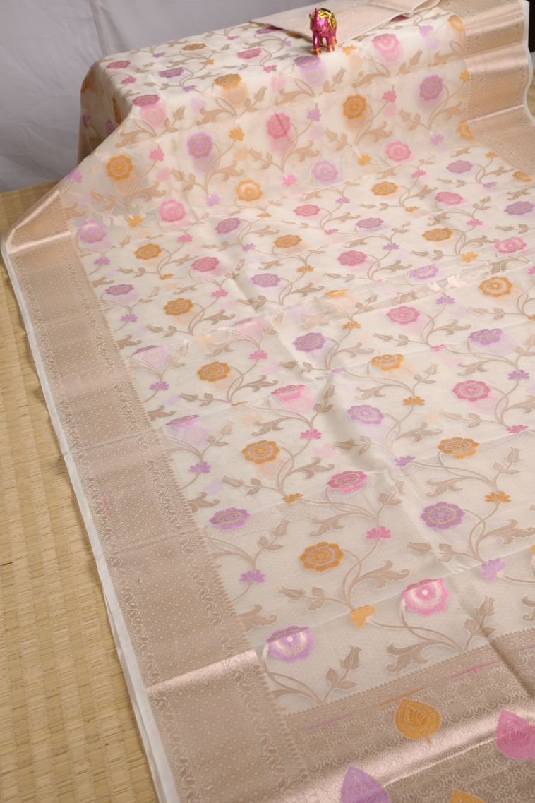 Coconut White Organza Saree with Copper Zari Floral Patterns view 2