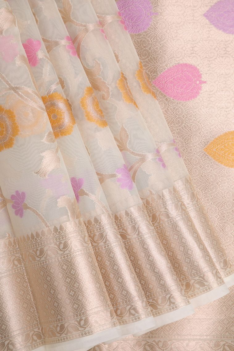 Coconut White Organza Saree with Copper Zari Floral Patterns view 1